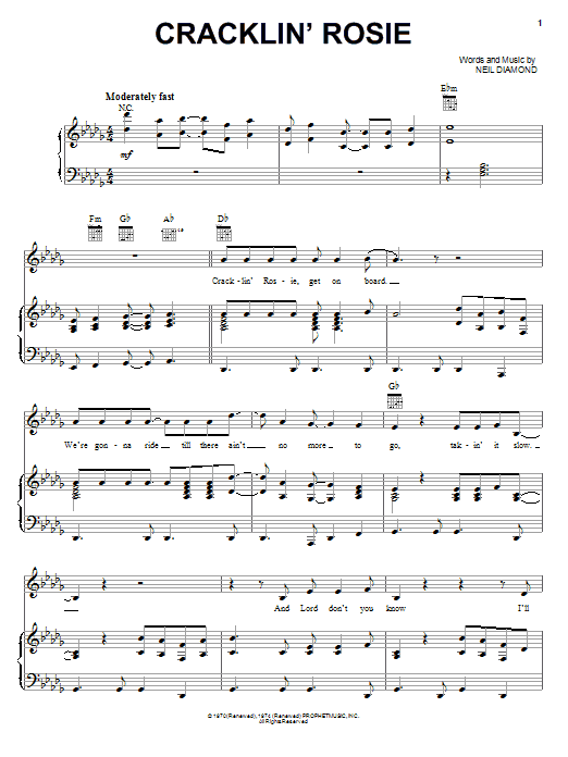 Learn to play Neil Diamond Cracklin' Rosie sheet music for Piano, Vocal & Guitar (Right-Hand Melody) in minutes. Neil Diamond Cracklin' Rosie sheet music notes and chords. Download Printable PDF.