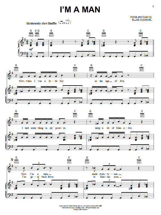 Learn to play Muddy Waters I'm A Man sheet music for Piano, Vocal & Guitar (Right-Hand Melody) in minutes. Muddy Waters I'm A Man sheet music notes and chords. Download Printable PDF.