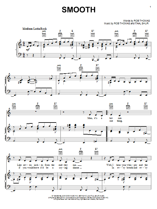 Learn to play Santana Smooth (feat. Rob Thomas) sheet music for Piano, Vocal & Guitar (Right-Hand Melody) in minutes. Santana Smooth (feat. Rob Thomas) sheet music notes and chords. Download Printable PDF.