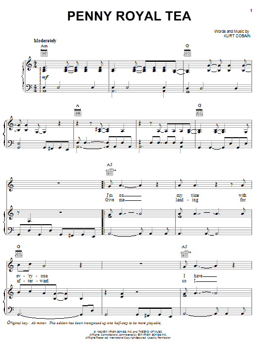 Learn to play Nirvana Penny Royal Tea sheet music for Piano, Vocal & Guitar (Right-Hand Melody) in minutes. Nirvana Penny Royal Tea sheet music notes and chords. Download Printable PDF.