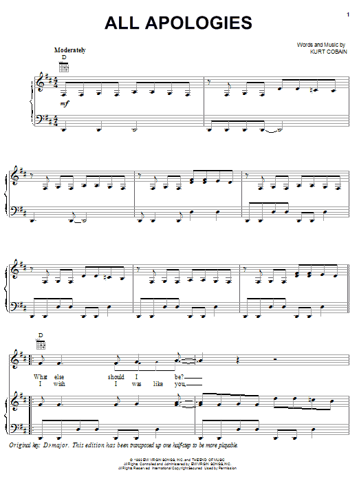 Learn to play Nirvana All Apologies sheet music for Piano, Vocal & Guitar (Right-Hand Melody) in minutes. Nirvana All Apologies sheet music notes and chords. Download Printable PDF.