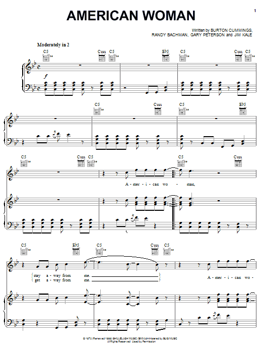 Learn to play The Guess Who American Woman sheet music for Piano, Vocal & Guitar (Right-Hand Melody) in minutes. The Guess Who American Woman sheet music notes and chords. Download Printable PDF.