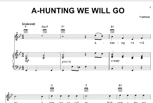 Learn to play Traditional A-Hunting We Will Go sheet music for Piano, Vocal & Guitar (Right-Hand Melody) in minutes. Traditional A-Hunting We Will Go sheet music notes and chords. Download Printable PDF.