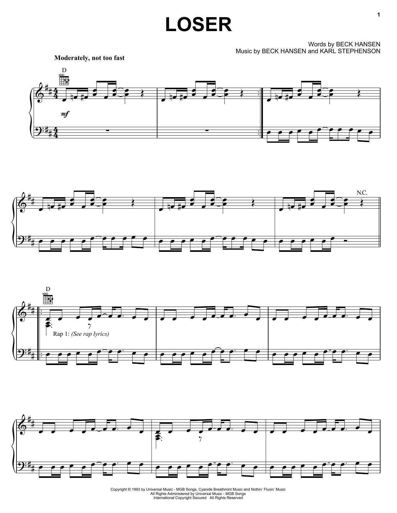 Learn to play Beck Loser sheet music for Piano, Vocal & Guitar (Right-Hand Melody) in minutes. Beck Loser sheet music notes and chords. Download Printable PDF.