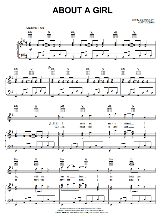 Learn to play Nirvana About A Girl sheet music for Piano, Vocal & Guitar (Right-Hand Melody) in minutes. Nirvana About A Girl sheet music notes and chords. Download Printable PDF.