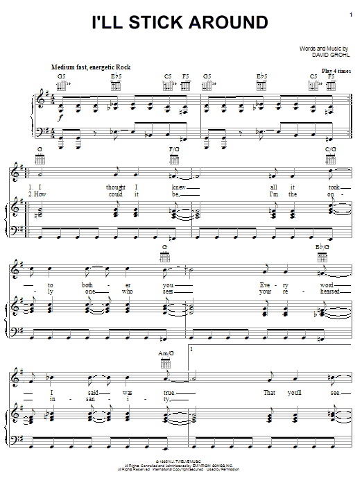 Learn to play Foo Fighters I'll Stick Around sheet music for Piano, Vocal & Guitar (Right-Hand Melody) in minutes. Foo Fighters I'll Stick Around sheet music notes and chords. Download Printable PDF.
