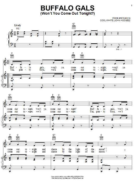 Learn to play Cool White Buffalo Gals (Won't You Come Out Tonight?) sheet music for Piano, Vocal & Guitar (Right-Hand Melody) in minutes. Cool White Buffalo Gals (Won't You Come Out Tonight?) sheet music notes and chords. Download Printable PDF.
