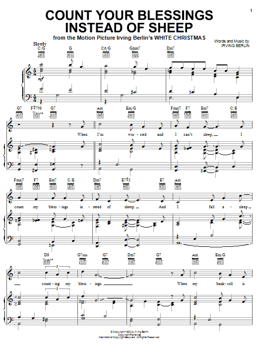 Learn to play Irving Berlin Count Your Blessings Instead Of Sheep sheet music for Piano, Vocal & Guitar (Right-Hand Melody) in minutes. Irving Berlin Count Your Blessings Instead Of Sheep sheet music notes and chords. Download Printable PDF.