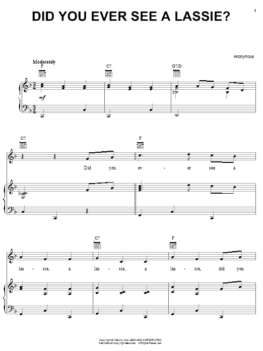 Learn to play Traditional Did You Ever See A Lassie? sheet music for Piano, Vocal & Guitar (Right-Hand Melody) in minutes. Traditional Did You Ever See A Lassie? sheet music notes and chords. Download Printable PDF.