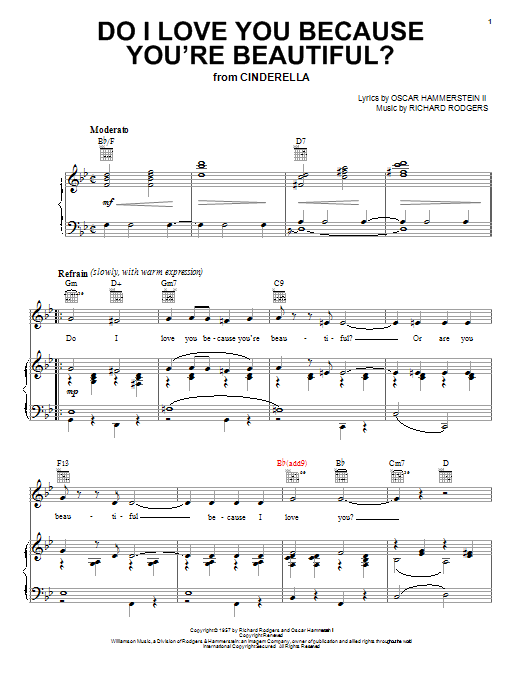 Learn to play Rodgers & Hammerstein Do I Love You Because You're Beautiful? sheet music for Piano, Vocal & Guitar (Right-Hand Melody) in minutes. Rodgers & Hammerstein Do I Love You Because You're Beautiful? sheet music notes and chords. Download Printable PDF.