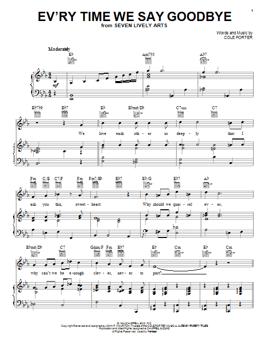 Learn to play Cole Porter Ev'ry Time We Say Goodbye sheet music for Piano, Vocal & Guitar (Right-Hand Melody) in minutes. Cole Porter Ev'ry Time We Say Goodbye sheet music notes and chords. Download Printable PDF.