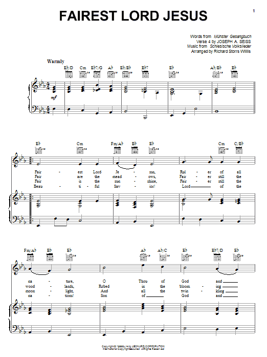 Learn to play Munster Gesangbuch Fairest Lord Jesus sheet music for Piano, Vocal & Guitar (Right-Hand Melody) in minutes. Munster Gesangbuch Fairest Lord Jesus sheet music notes and chords. Download Printable PDF.