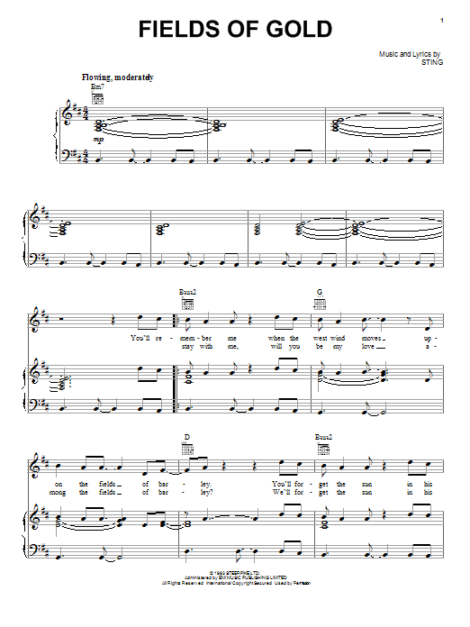 Learn to play Sting Fields Of Gold sheet music for Piano, Vocal & Guitar (Right-Hand Melody) in minutes. Sting Fields Of Gold sheet music notes and chords. Download Printable PDF.