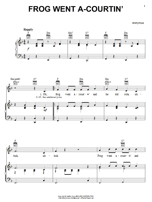 Learn to play Traditional Frog Went A-Courtin' sheet music for Piano, Vocal & Guitar (Right-Hand Melody) in minutes. Traditional Frog Went A-Courtin' sheet music notes and chords. Download Printable PDF.