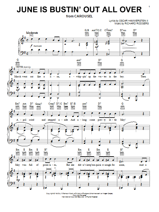 Learn to play Rodgers & Hammerstein June Is Bustin' Out All Over sheet music for Piano, Vocal & Guitar (Right-Hand Melody) in minutes. Rodgers & Hammerstein June Is Bustin' Out All Over sheet music notes and chords. Download Printable PDF.