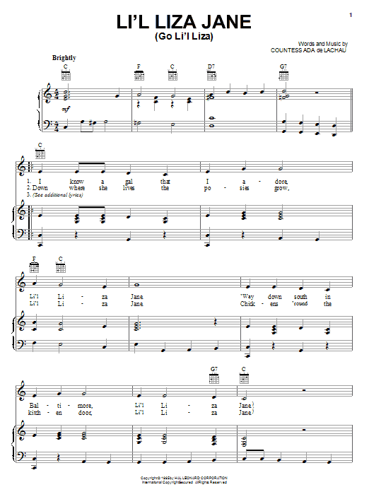 Learn to play Countess Ada De Lachau Li'l Liza Jane (Go Li'l Liza) sheet music for Piano, Vocal & Guitar (Right-Hand Melody) in minutes. Countess Ada De Lachau Li'l Liza Jane (Go Li'l Liza) sheet music notes and chords. Download Printable PDF.