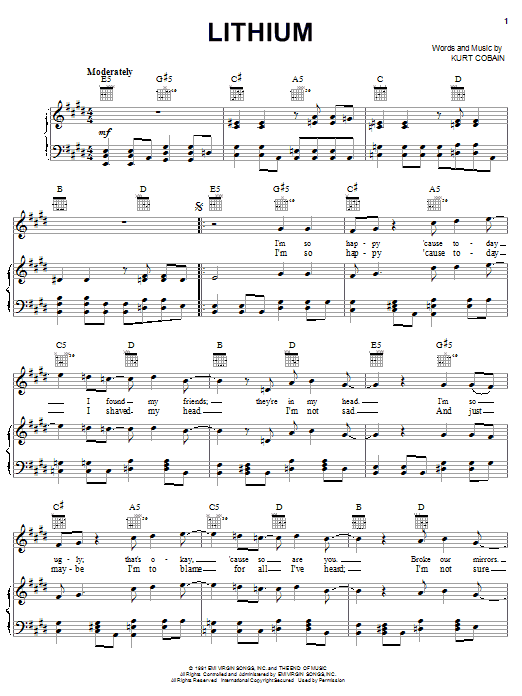 Learn to play Nirvana Lithium sheet music for Piano, Vocal & Guitar (Right-Hand Melody) in minutes. Nirvana Lithium sheet music notes and chords. Download Printable PDF.