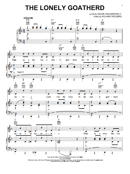Learn to play Rodgers & Hammerstein The Lonely Goatherd sheet music for Piano, Vocal & Guitar (Right-Hand Melody) in minutes. Rodgers & Hammerstein The Lonely Goatherd sheet music notes and chords. Download Printable PDF.