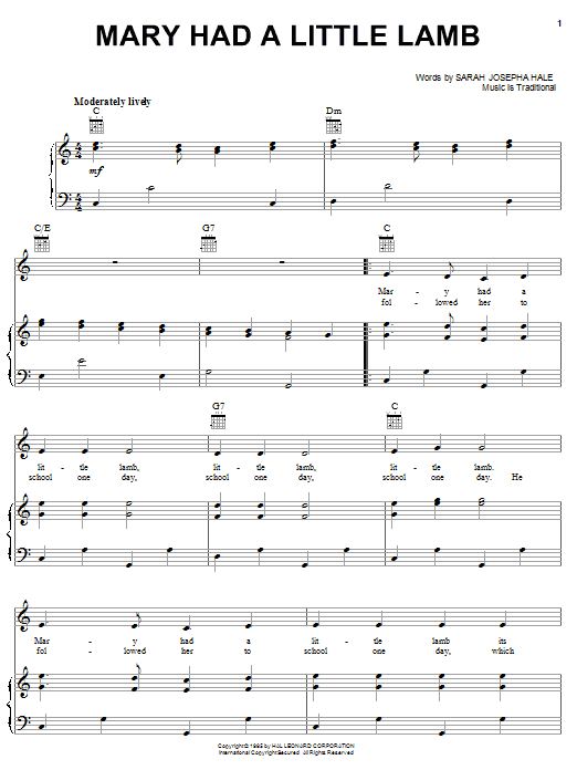 Learn to play Traditional Mary Had A Little Lamb sheet music for Piano, Vocal & Guitar (Right-Hand Melody) in minutes. Traditional Mary Had A Little Lamb sheet music notes and chords. Download Printable PDF.