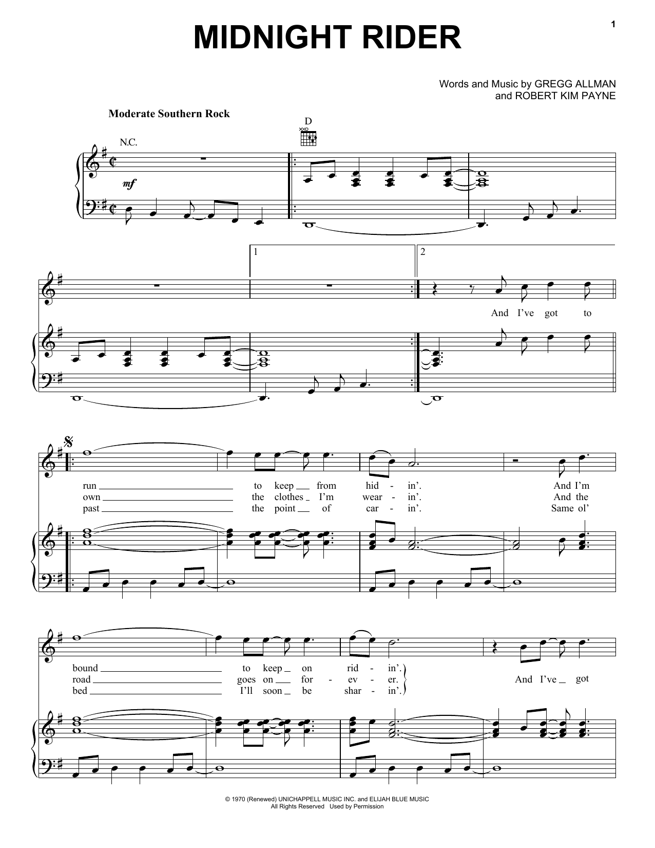 Learn to play Allman Brothers Band Midnight Rider sheet music for Piano, Vocal & Guitar (Right-Hand Melody) in minutes. Allman Brothers Band Midnight Rider sheet music notes and chords. Download Printable PDF.