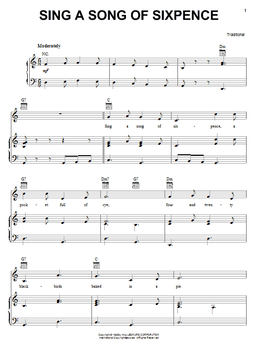 Learn to play Traditional Sing A Song Of Sixpence sheet music for Piano, Vocal & Guitar (Right-Hand Melody) in minutes. Traditional Sing A Song Of Sixpence sheet music notes and chords. Download Printable PDF.