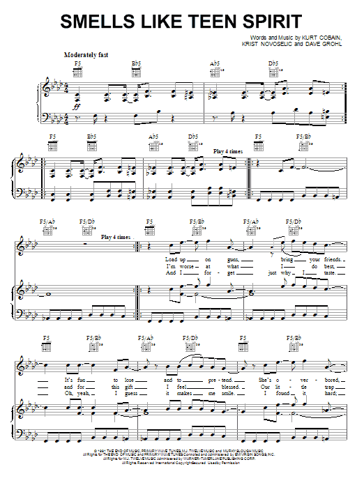 Learn to play Nirvana Smells Like Teen Spirit sheet music for Piano, Vocal & Guitar (Right-Hand Melody) in minutes. Nirvana Smells Like Teen Spirit sheet music notes and chords. Download Printable PDF.
