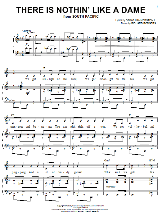 Learn to play Rodgers & Hammerstein There Is Nothin' Like A Dame sheet music for Piano, Vocal & Guitar (Right-Hand Melody) in minutes. Rodgers & Hammerstein There Is Nothin' Like A Dame sheet music notes and chords. Download Printable PDF.