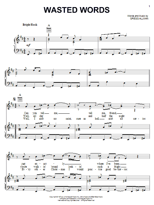 Learn to play The Allman Brothers Band Wasted Words sheet music for Piano, Vocal & Guitar (Right-Hand Melody) in minutes. The Allman Brothers Band Wasted Words sheet music notes and chords. Download Printable PDF.