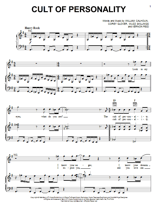 Learn to play Living Colour Cult Of Personality sheet music for Piano, Vocal & Guitar (Right-Hand Melody) in minutes. Living Colour Cult Of Personality sheet music notes and chords. Download Printable PDF.