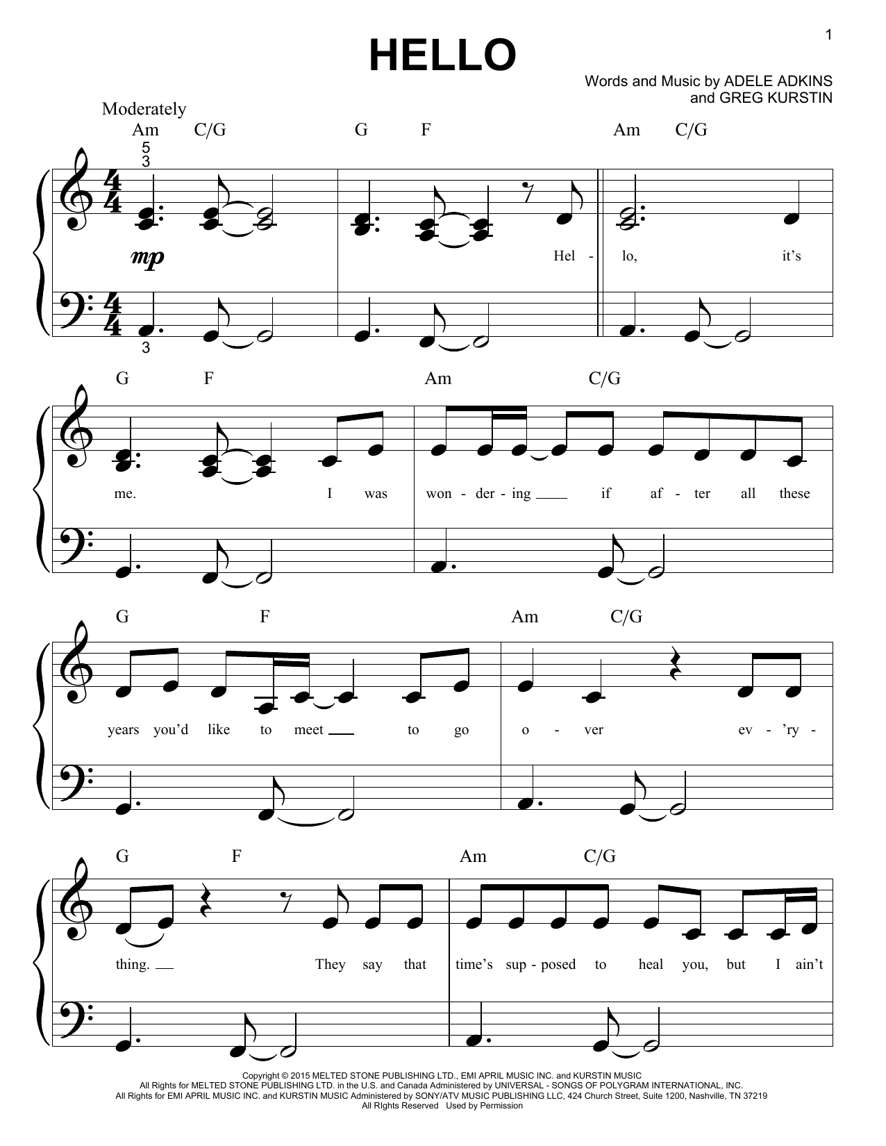 Adele "Hello" Sheet Music Notes, Chords | Piano (Big Notes) Download