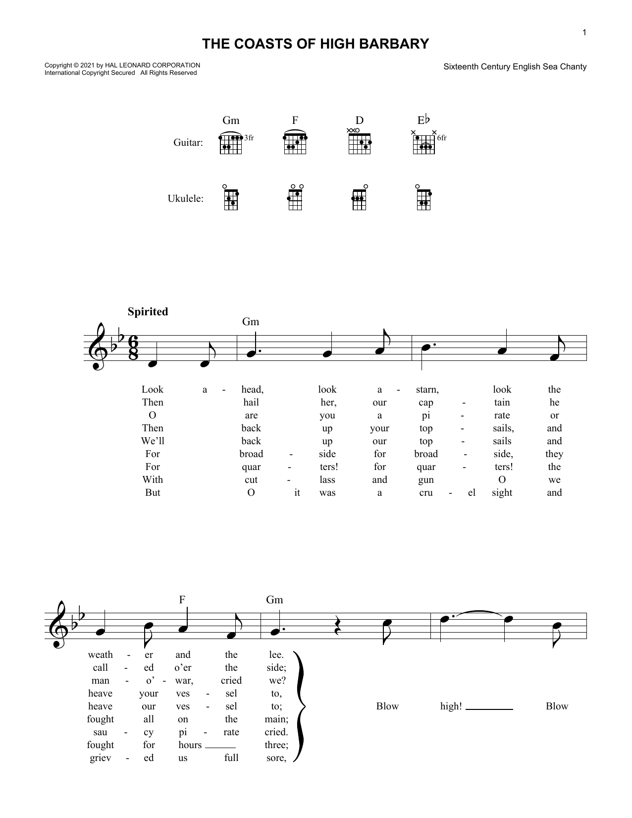 Download 16th Century Sea Chanty The Coasts Of High Barbary Sheet Music and learn how to play Lead Sheet / Fake Book PDF digital score in minutes