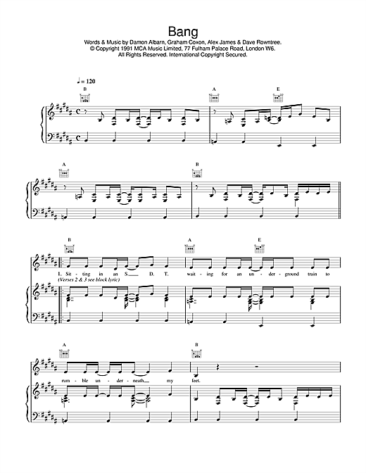 Learn to play Blur Bang sheet music for Piano, Vocal & Guitar (Right-Hand Melody) in minutes. Blur Bang sheet music notes and chords. Download Printable PDF.