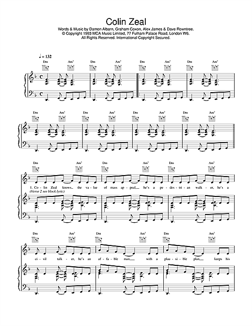 Learn to play Blur Colin Zeal sheet music for Piano, Vocal & Guitar (Right-Hand Melody) in minutes. Blur Colin Zeal sheet music notes and chords. Download Printable PDF.