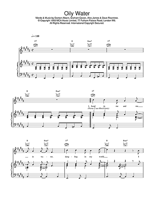 Learn to play Blur Oily Water sheet music for Piano, Vocal & Guitar (Right-Hand Melody) in minutes. Blur Oily Water sheet music notes and chords. Download Printable PDF.