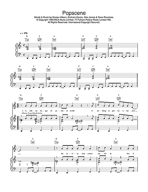 Learn to play Blur Popscene sheet music for Piano, Vocal & Guitar (Right-Hand Melody) in minutes. Blur Popscene sheet music notes and chords. Download Printable PDF.
