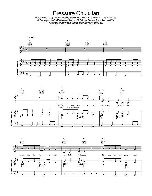 Learn to play Blur Pressure On Julian sheet music for Piano, Vocal & Guitar (Right-Hand Melody) in minutes. Blur Pressure On Julian sheet music notes and chords. Download Printable PDF.