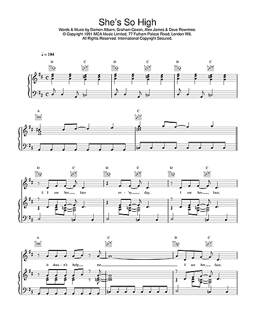 Learn to play Blur She's So High sheet music for Piano, Vocal & Guitar (Right-Hand Melody) in minutes. Blur She's So High sheet music notes and chords. Download Printable PDF.