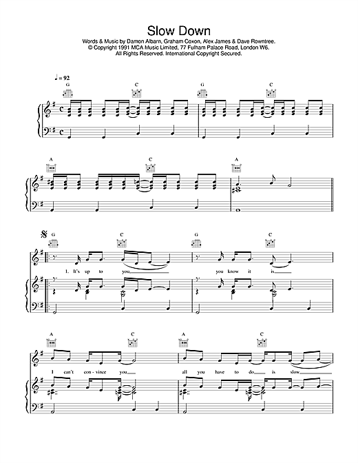 Learn to play Blur Slow Down sheet music for Piano, Vocal & Guitar (Right-Hand Melody) in minutes. Blur Slow Down sheet music notes and chords. Download Printable PDF.