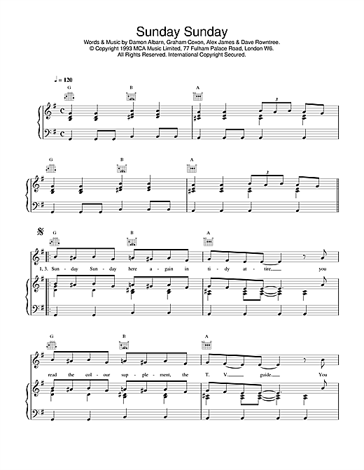 Learn to play Blur Sunday Sunday sheet music for Piano, Vocal & Guitar (Right-Hand Melody) in minutes. Blur Sunday Sunday sheet music notes and chords. Download Printable PDF.