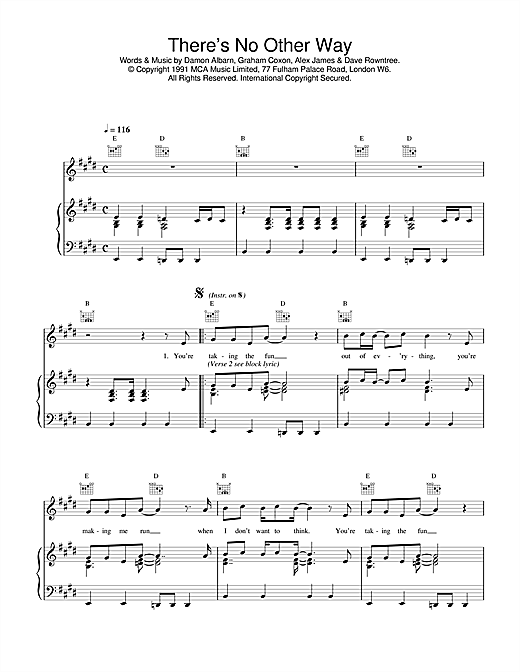 Learn to play Blur There's No Other Way sheet music for Piano, Vocal & Guitar (Right-Hand Melody) in minutes. Blur There's No Other Way sheet music notes and chords. Download Printable PDF.