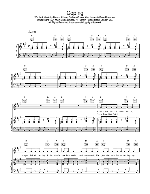 Learn to play Blur Coping sheet music for Piano, Vocal & Guitar (Right-Hand Melody) in minutes. Blur Coping sheet music notes and chords. Download Printable PDF.