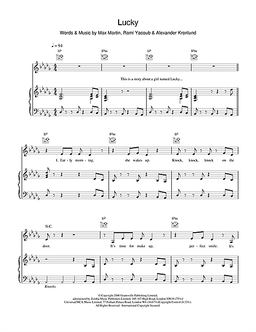 Learn to play Britney Spears Lucky sheet music for Piano, Vocal & Guitar (Right-Hand Melody) in minutes. Britney Spears Lucky sheet music notes and chords. Download Printable PDF.