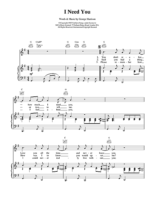 Learn to play The Beatles I Need You sheet music for Piano, Vocal & Guitar (Right-Hand Melody) in minutes. The Beatles I Need You sheet music notes and chords. Download Printable PDF.