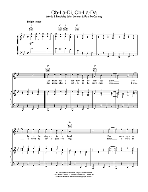 Learn to play The Beatles Ob-La-Di, Ob-La-Da sheet music for Piano, Vocal & Guitar (Right-Hand Melody) in minutes. The Beatles Ob-La-Di, Ob-La-Da sheet music notes and chords. Download Printable PDF.