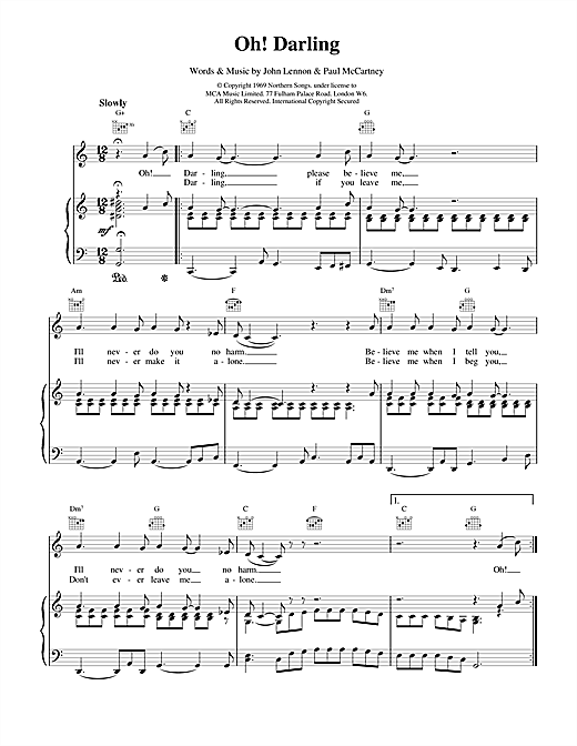 Learn to play The Beatles Oh! Darling sheet music for Piano, Vocal & Guitar (Right-Hand Melody) in minutes. The Beatles Oh! Darling sheet music notes and chords. Download Printable PDF.