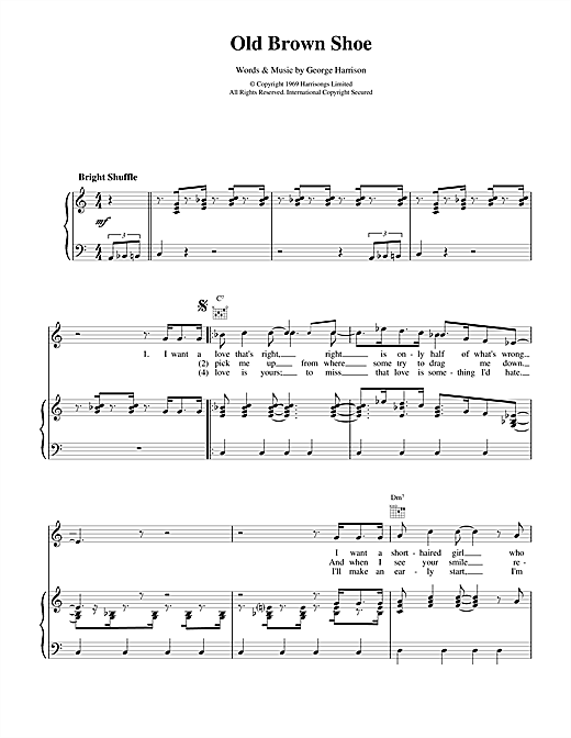 Learn to play The Beatles Old Brown Shoe sheet music for Piano, Vocal & Guitar (Right-Hand Melody) in minutes. The Beatles Old Brown Shoe sheet music notes and chords. Download Printable PDF.