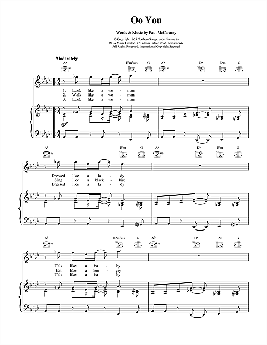 Learn to play The Beatles Oo You sheet music for Piano, Vocal & Guitar (Right-Hand Melody) in minutes. The Beatles Oo You sheet music notes and chords. Download Printable PDF.