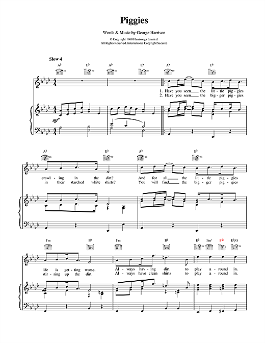 Learn to play The Beatles Piggies sheet music for Piano, Vocal & Guitar (Right-Hand Melody) in minutes. The Beatles Piggies sheet music notes and chords. Download Printable PDF.