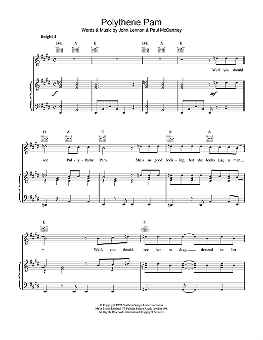 Learn to play The Beatles Polythene Pam sheet music for Piano, Vocal & Guitar (Right-Hand Melody) in minutes. The Beatles Polythene Pam sheet music notes and chords. Download Printable PDF.