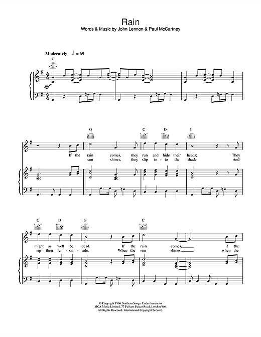Learn to play The Beatles Rain sheet music for Piano, Vocal & Guitar (Right-Hand Melody) in minutes. The Beatles Rain sheet music notes and chords. Download Printable PDF.